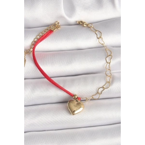 Dodes Dodes 316L Çelik Gold Renk Zincir Kırmızı İp Model Sallantı Kalp Figür İşleme Detaylı Kadın Bileklik TG27BB6868