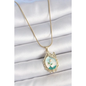 Dodes Dodes 316L Çelik Gold Renk Zincir Mavi Mineli Çiçek İşlemeli Zirkon Taş Detaylı Portre Model Kadın Kolye TG27BKO10183