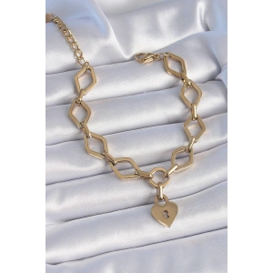 Dodes Dodes 316L Çelik Gold Renk Zincir Model Kilit Kalp Figür Kadın Bileklik TG27BB6434
