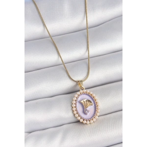 Dodes Dodes 316L Çelik Gold Renk Zincir Mor Mineli İncili Zirkon Taşlı Çiçek İşlemeli Portre Model Kadın Kolye TG27BKO10195