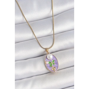 Dodes Dodes 316L Çelik Gold Renk Zincir Mor Mineli Oval İncili Çiçek İşlemeli Portre Model Kadın Kolye TG27BKO10177