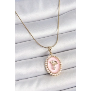 Dodes Dodes 316L Çelik Gold Renk Zincir Pembe Mineli İncli Zirkon Taşlı Çiçek İşlemeli Portre Model Kadın Kolye TG27BKO10194