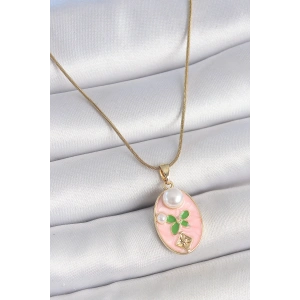 Dodes Dodes 316L Çelik Gold Renk Zincir Pembe Mineli Oval İncili Çiçek İşlemeli Portre Model Kadın Kolye TG27BKO10176