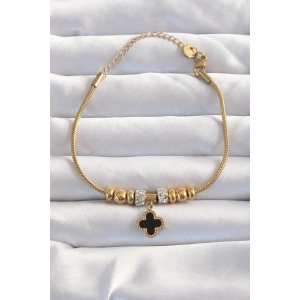 Dodes Dodes 316L Çelik Gold Renk Zirkon Taş Aksesuarlı Siyah Mineli Yonca Bileklik TG27BB6229