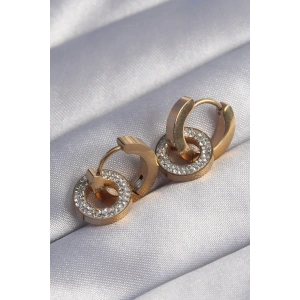 Dodes Dodes 316L Çelik Gold Renk Zirkon Taşlı İç İçe Geçmeli Oval Küpe TG27BKP9014