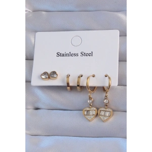 Dodes Dodes 316L Çelik Gold Renk Zirkon Taşlı Kalp Model Halka Küpe Seti TG27BKP9151