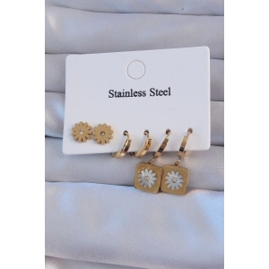 Dodes Dodes 316L Çelik Gold Renk Zirkon Taşlı Sedefli Papatya Model Halka Küpe Seti TG27BKP9150