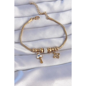 Dodes Dodes 316L Çelik Gold Renk Zirkon Taşlı Yonca Detay Nazarlı Anahtar Tasarımlı Bileklik TG27BB6203