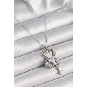 Dodes Dodes 316L Çelik Gümüş Renk Ayna Ayıcık Model Zirkon Taşlı Kalp Detay Kadın Kolye TG27BKO9627