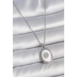 Dodes Dodes 316L Çelik Gümüş Renk Beyaz Mineli Güneş İşlemeli Nazar Boncuk Detay Madalyon Model Kadın Kolye TG27BKO10054