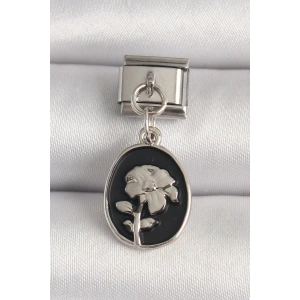 Dodes Dodes 316L Çelik Gümüş Renk Gümüş Çiçek İşlemeli Siyah Portre Model Nomination Charm TG27BC1210