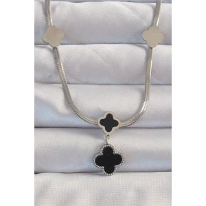 Dodes Dodes 316L Çelik Gümüş Renk İtalyan Zincirli Mineli Yonca Kolye TG27BKO8970