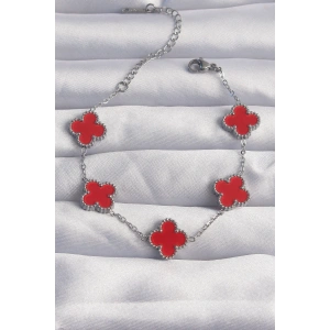 Dodes Dodes 316L Çelik Gümüş Renk Kırmızı Mineli Yonca Bileklik TG27BB6263