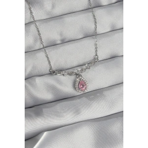 Dodes Dodes 316L Çelik Gümüş Renk Pembe Zirkon Taşlı Damla Kolye TG27BKO8919