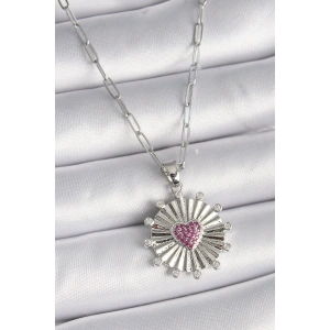 Dodes Dodes 316L Çelik Gümüş Renk Pembe Zirkon Taşlı Kalp İşleme Madalyon Model Kadın Kolye TG27BKO9533