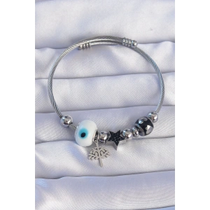 Dodes Dodes 316L Çelik Gümüş Renk Siyah Zirkon Taşlı Yıldız Tasarımlı Ağaç Detay Nazarlı Charm Bileklik TG27BB6198