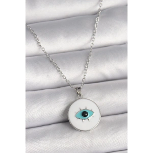 Dodes Dodes 316L Çelik Gümüş Renk Zincir Beyaz Mineli Turkuaz Göz İşleme Model Kadın Kolye TG27BKO9729