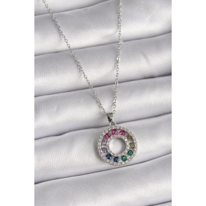 Dodes Dodes 316L Çelik Gümüş Renk Zincir Renkli Zirkon Taşlı Madalyon Model Kadın Kolye TG27BKO9489