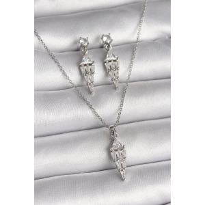 Dodes Dodes 316L Çelik Gümüş Renk Zincir Sallantı Zirkon Taş Model Kadın Kolye Küpe Seti TG27BKO9841