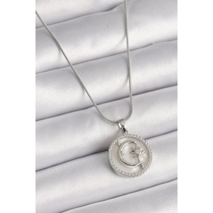 Dodes Dodes 316L Çelik Gümüş Renk Zincir Zirkon Taş Detaylı Beyaz Sedefli Ay Yıldız İşleme Kadın Kolye TG27BKO9639