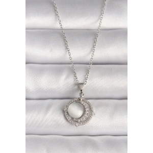 Dodes Dodes 316L Çelik Gümüş Renk Zirkon Taşlı Beyaz Sedefli Hilal Model Kadın Kolye TG27BKO9702