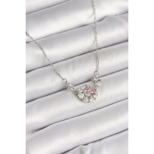 Dodes Dodes 316L Çelik Gümüş Renk Zirkon Taşlı Hilal Pembe Kalp Model Kadın Kolye TG27BKO9930