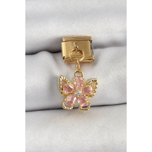 Dodes Dodes 316L Çelik Sallantılı Zirkon Taşlı Çiçek Figürlü Kelebek Model Gold Renk Nomination Charm TG27BC1419
