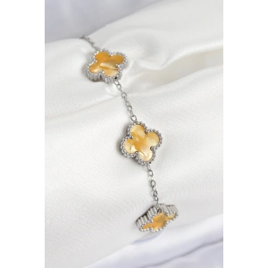 Dodes Dodes 316L Çelik Sedefli Kehribar Sarı Gümüş Renk Yonca Kadın Bileklik TG27BB7676