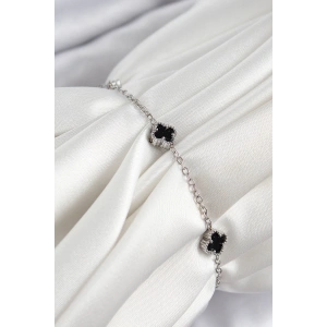 Dodes Dodes 316L Çelik Siyah Sedef Yonca Model Gümüş Renk Kadın Bileklik TG27BB7360