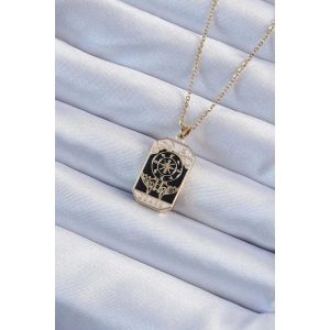 Dodes Dodes 316L Çelik Zincir Altın Renk İşlemeli Siyah Mineli Tarot Kolye TG27BKO9236