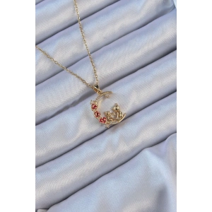 Dodes Dodes 316L Çelik Zincir Altın Renk Kırmızı Gül Detay Kedi Figür Zirkon Taşlı Ay Kolye TG27BKO9129