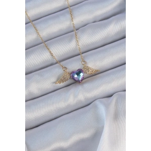 Dodes Dodes 316L Çelik Zincir Altın Renk Mavi Mor Zirkon Taşlı Kanatlı Kalp Kolye TG27BKO9161