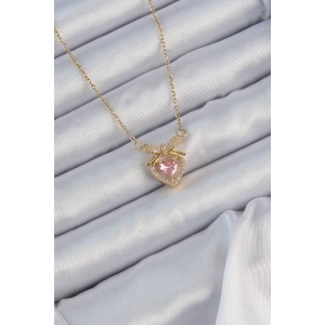 Dodes Dodes 316L Çelik Zincir Altın Renk Pembe Zirkon Taşlı Fiyonklu Kalp Kolye TG27BKO9173
