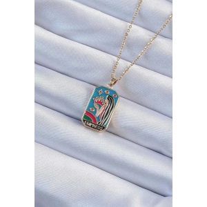 Dodes Dodes 316L Çelik Zincir Altın Renk Taç ve Kız Figürlü Renkli Mineli Tarot Kolye TG27BKO9229