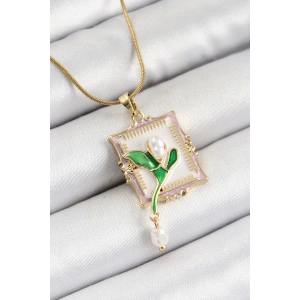 Dodes Dodes 316L Çelik Zincir Beyaz Sanatsal Portre Sallantılı İnci Detaylı Lale Model Gold Renk Kadın Kolye TG27BKO10308