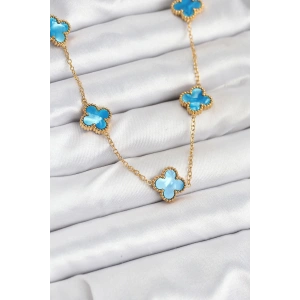 Dodes Dodes 316L Çelik Zincir Gold Buz Mavisi Renk Yonca Kolye TG27BKO10566