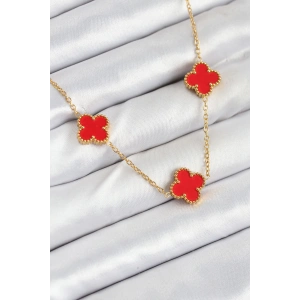 Dodes Dodes 316L Çelik Zincir Gold Kırmızı Renk Yonca Kadın Kolye TG27BKO10585