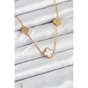 Dodes Dodes 316L Çelik Zincir Gold Renk Beyaz ve Zirkon Taşlı Yonca Kadın Kolye TG27BKO10590