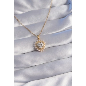 Dodes Dodes 316L Çelik Zincir Gold Renk İncili Zirkon Taşlı Kalp Tasarımlı Kolye TG27BKO8762