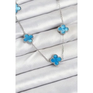 Dodes Dodes 316L Çelik Zincir Gümüş Buz Mavisi Renk Yonca Kadın Kolye TG27BKO10582
