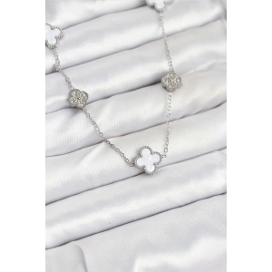 Dodes Dodes 316L Çelik Zincir Gümüş Renk Beyaz ve Zirkon Taşlı Yonca Kadın Kolye TG27BKO10588