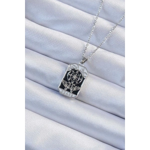 Dodes Dodes 316L Çelik Zincir Gümüş Renk İşlemeli Siyah Mineli Tarot Kolye TG27BKO9237