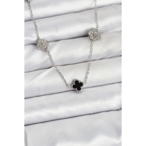Dodes Dodes 316L Çelik Zincir Gümüş Renk Siyah ve Zirkon Taşlı Baby Boy Yonca Kadın Kolye TG27BKO10591