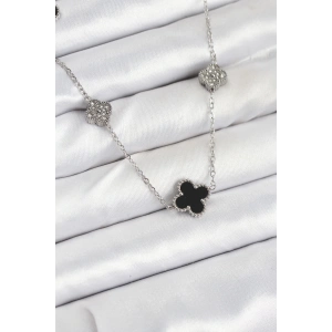 Dodes Dodes 316L Çelik Zincir Gümüş Renk Siyah ve Zirkon Taşlı Yonca Kadın Kolye TG27BKO10589