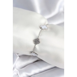 Dodes Dodes 316L Çelik Zincir Gümüş Renk Zirkon Taşlı Yonca Beyaz Kadın Bileklik TG27BB7978