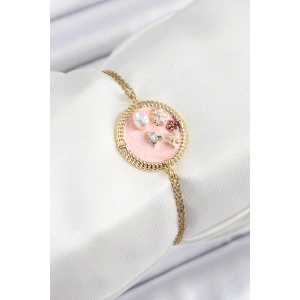 Dodes Dodes 316L Çelik Zincir Pembe Mineli Sanatsal Portre İnci Detaylı Çiçek Model Gold Renk Kadın Bileklik TG27BB7229