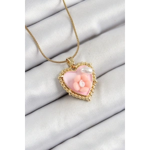 Dodes Dodes 316L Çelik Zincir Pembe Sanatsal Portre İnci Detaylı Papatya Figürlü Kalp Model Gold Renk Kadın Kolye TG27BKO10271
