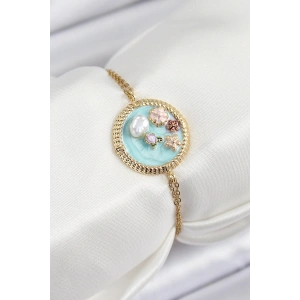 Dodes Dodes 316L Çelik Zincir Turkuaz Mineli Sanatsal Portre İnci Detaylı Çiçek Model Gold Renk Kadın Bileklik TG27BB7227