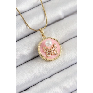 Dodes Dodes 316L Çelik Zincir Zirkon Taşlı Pembe Sanatsal Portre İnci Detaylı Kelebek Model Gold Renk Kadın Kolye TG27BKO10276