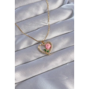 Dodes Dodes 316L Çelik Zincirli Gold Renk Zirkon Taşlı Kalp İçinde Pembe Gül Tasarımlı Kolye TG27BKO8864